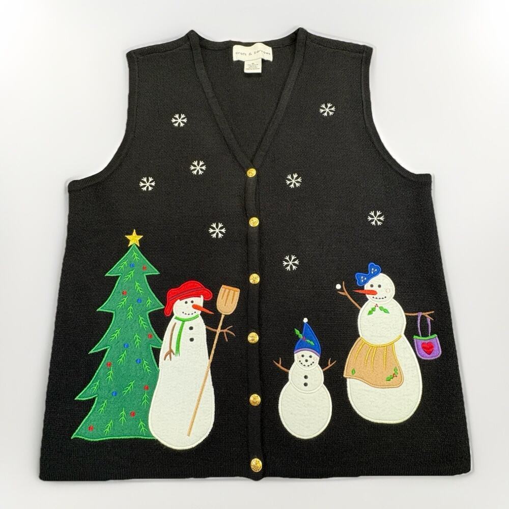 Croft & Barrow Black SNOWMAN PRINT CHRISTMAS VEST Cardigan SIZE Medium RN 73277 - Picture 1 of 6